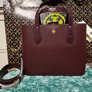 NWT Authentic Tory Burch Blake Mixed Material Small Tote Imperial Garnet